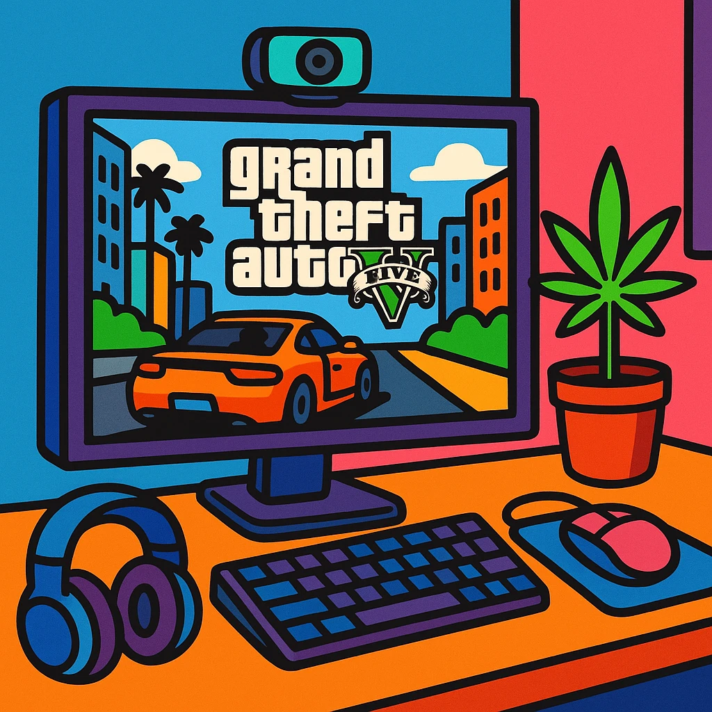 gaming setup with a monitor showing GTA V a webcam and a marijuana plant on the desk emoji