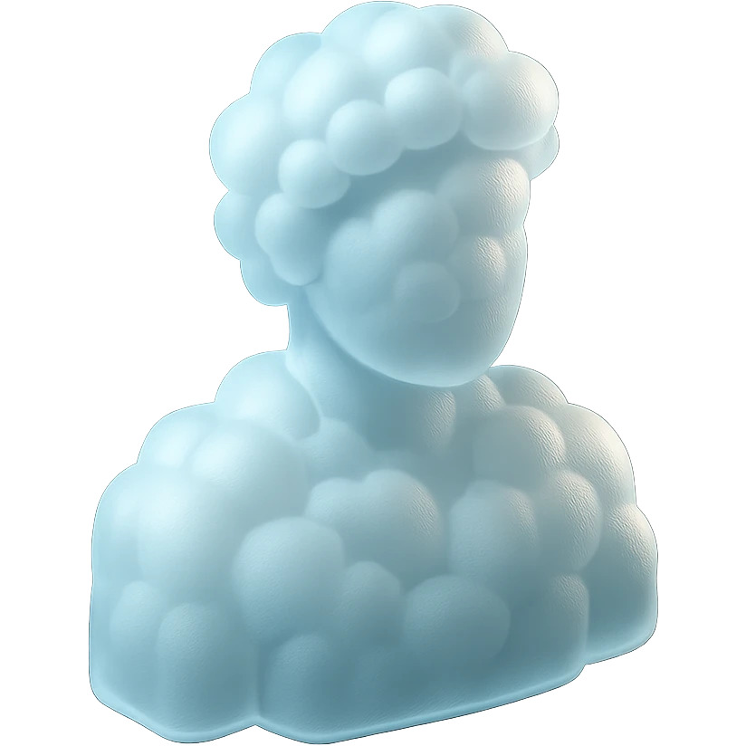 shoulder-up person made entirely of white fluffy clouds with convex texture, matte glass style emoji