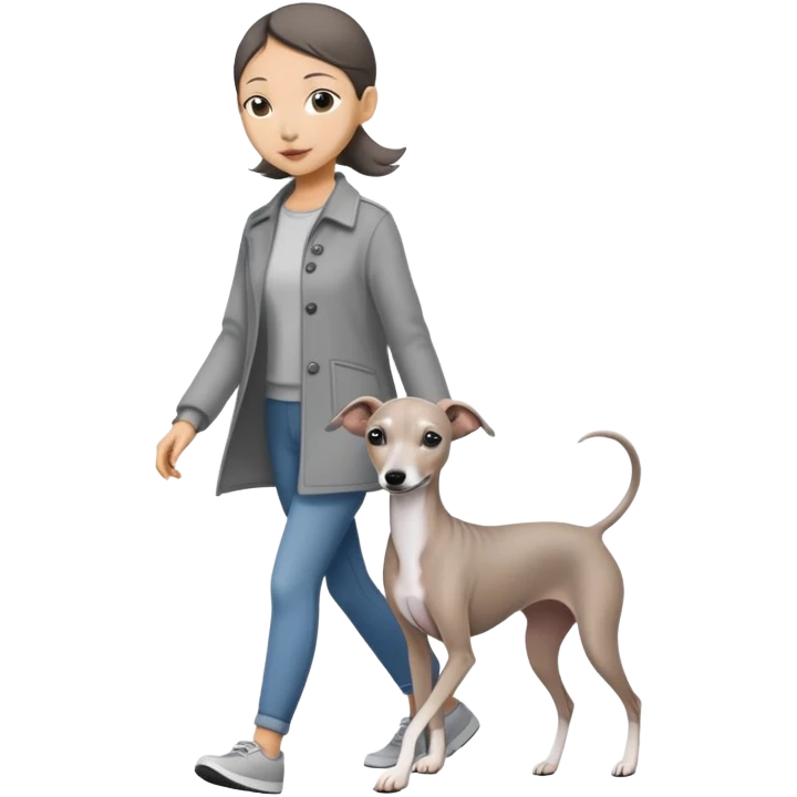 Asian girl walking an all grey Italian greyhound emoji