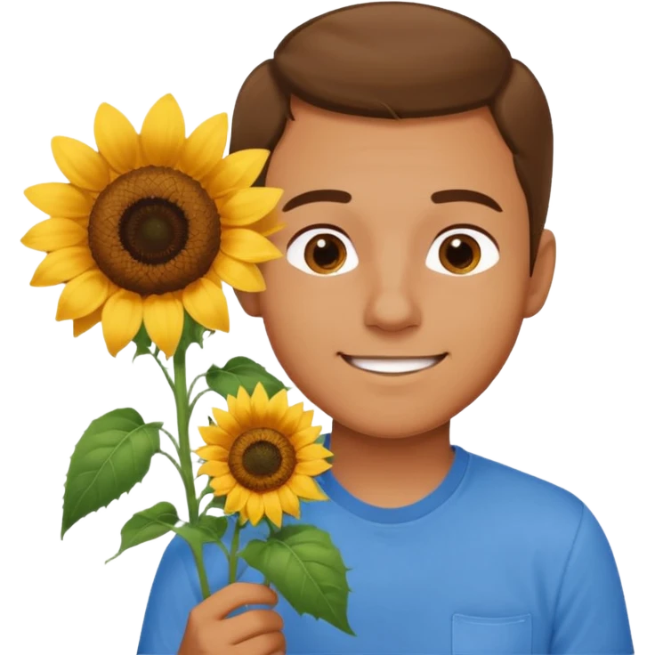 Man smelling sunflower with gentle smile, body emoji