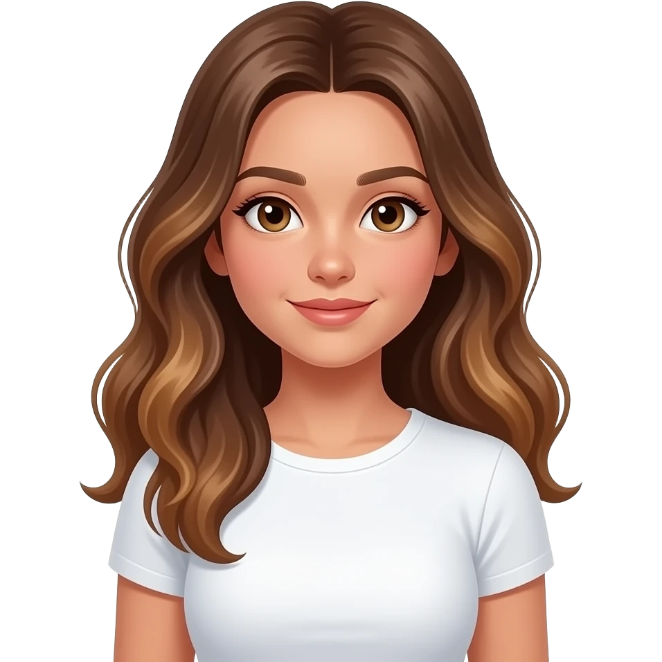 a 13 year old girl long pretty wavy brown hair light brown highlights sun kissed tan skin white tight shirt emoji