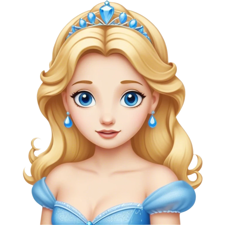 Cinematic Realistic Comical Cinderella Portrait, with every detail rendered realistically—from the soft, smooth texture of her fair skin to her artfully styled golden-blonde hair. Her bright blue eyes are wide with playful disbelief, and her expression carries a touch of whimsical humor while retaining elegant poise. Her classic ball gown, detailed with rich fabric textures and natural shadows, catches the light in a way that blends refined beauty with a hint of cheeky mischief, creating a striking, lifelike portrayal. emoji
