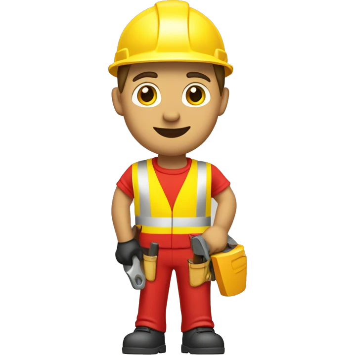 a caucasian construction worker from the chest up, looking frontal, wearing a red hard hat and yellow high-visibility vest, underneath he is wearing a red t-shirt, holding a hammer emoji