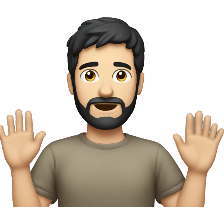 a caucasian guy with black hair and beard surrendering with his hands up emoji