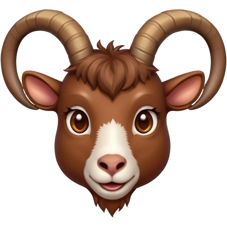 Cinematic Cute Brown Goat Portrait Emoji, Head tilted playfully and inquisitively, featuring a glossy, rich brown fur with charming curved horns, round, sparkling eyes filled with gentle curiosity, Simplified yet irresistibly adorable features, highly detailed, glowing with a warm, friendly glow, high shine, affectionate and lively, stylized with a touch of rustic whimsy, bright and endearing, soft glowing outline, capturing the essence of a mischievous yet loving goat, so playful it feels like it could trot out of the screen and into your arms! emoji