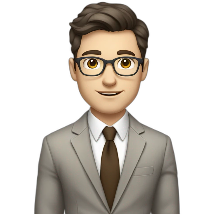 Pale skinned fit man with dark brown hair in gray jacket, beige office shirt, brown tie, brown pants and vintage glasses Writing on the tablet emoji