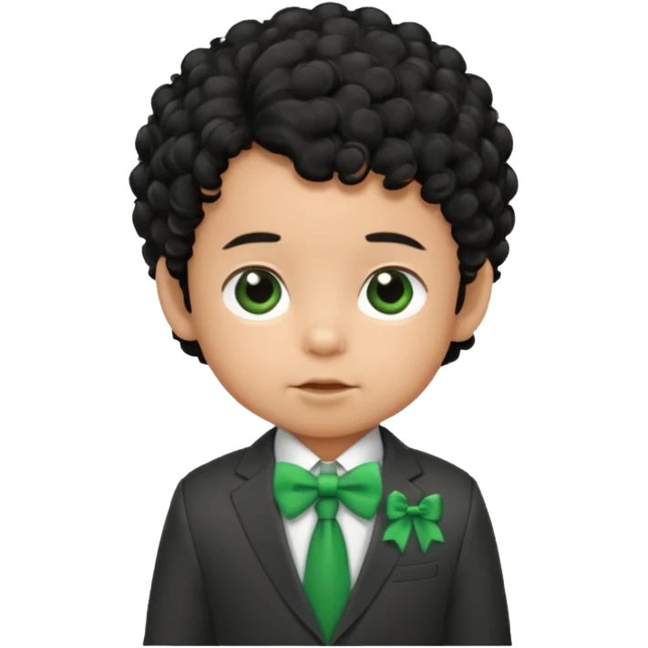 baby boy curly black hair in suit, with green bow emoji