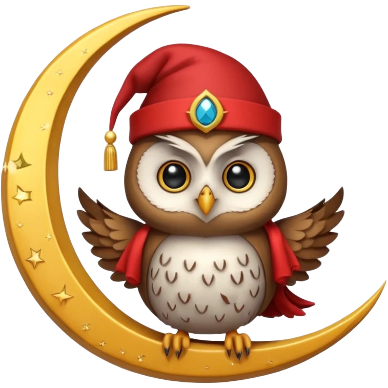 Owl wearing a tiny fez, sitting on a crescent moon. emoji