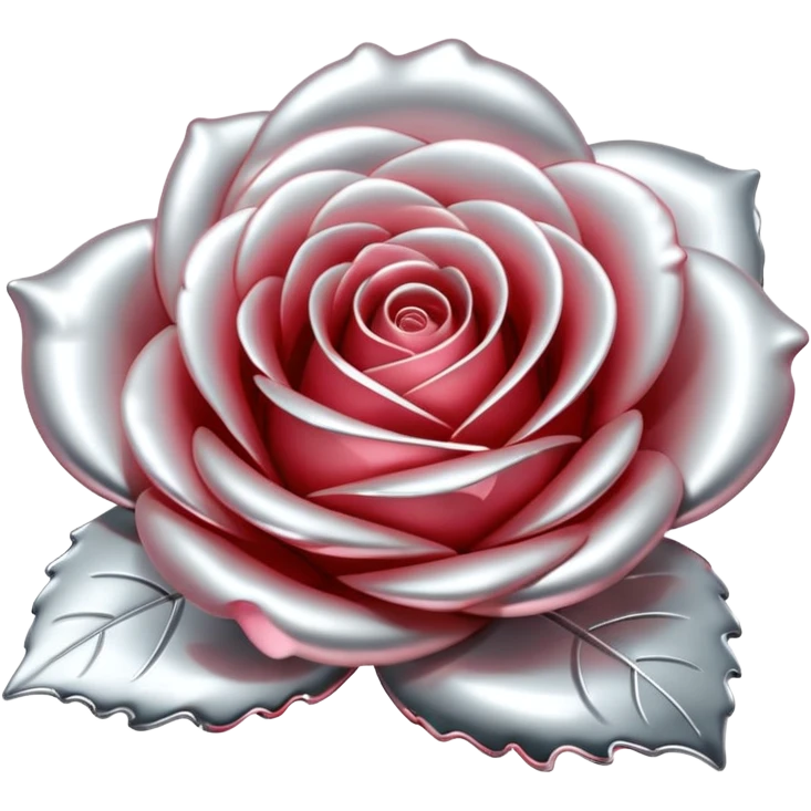 A rose emoji made of liquid silver metal, smooth metallic petals, reflective chrome surface, soft gradients, elegant shape, minimalistic iOS emoji style, centered, clean white background, realistic highlights, no text emoji