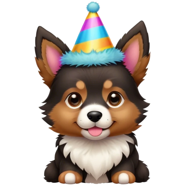 A black and brown puppy with pointy ears and party hat emoji