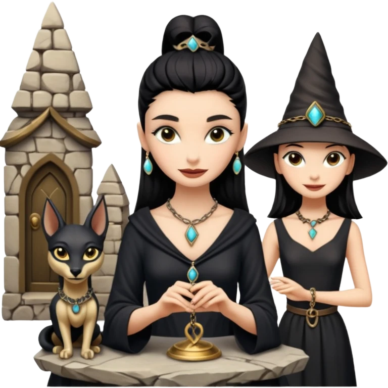 Smiling Witchy-mannered real Audrey Hepburn cleopatra Protecting silky black-haired tiny chained-princess-adorned statuette scale smoky-evil-eyed Anubis dessert scenery stone-age cracked irregular dwelling  emoji