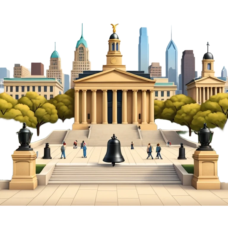 cinematic realistic emoji of Philadelphia with wide city view featuring iconic landmarks Liberty Bell Independence Hall Philadelphia Museum of Art Rocky Steps city skyline lifelike detail accurate colors bright daytime lighting no sky no clouds transparent background emoji