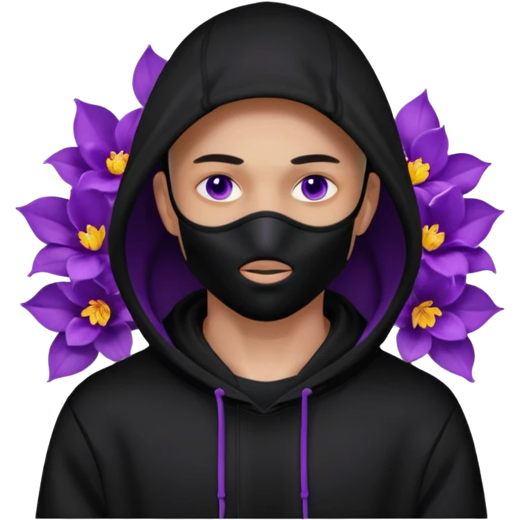 no visible face non human cartoon character related to a shadow, with all black clothes, focusing a black hoodie, and a versace face mask covering his entire face, just his purple shadow eyes making a light bloom emoji