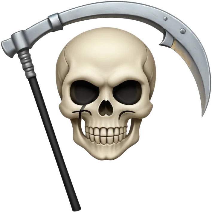 A laughing skull with a scythe crossed behind it, one eye socket winking. Clean, stylized lines, flat vector. Medieval woodcut style. Black and white with one accent color (tarnished silver). No background. emoji