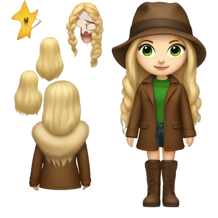 Realistic White girl with Long straight blonde hair, green eyes, tattoos, full body wearing Brown fur coat and fur hat and Brown leather boots emoji