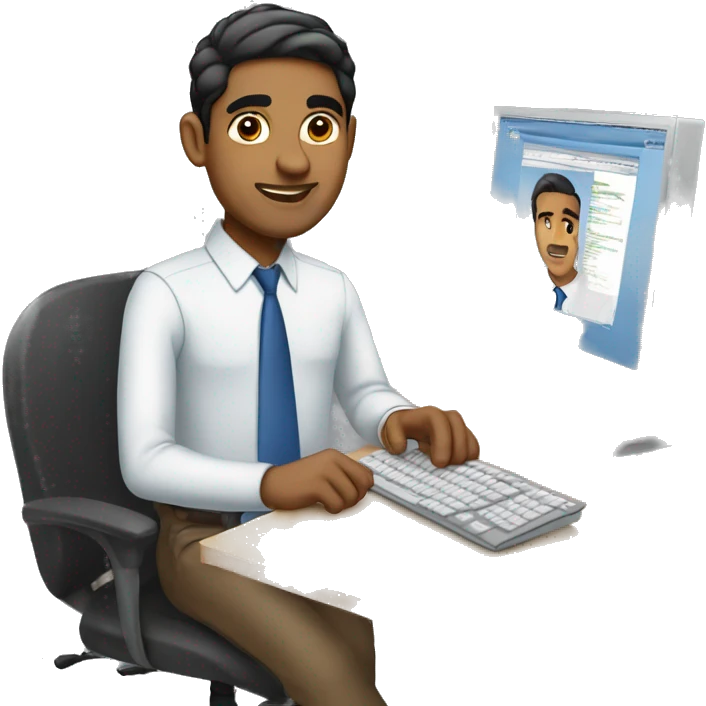 indian guy light skin, using computer at work business clothes western emoji