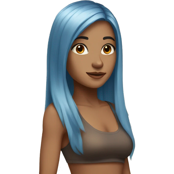 a girl with light tan skin, straight long blue hair, brown eyes, standing,very beautiful,very hot emoji