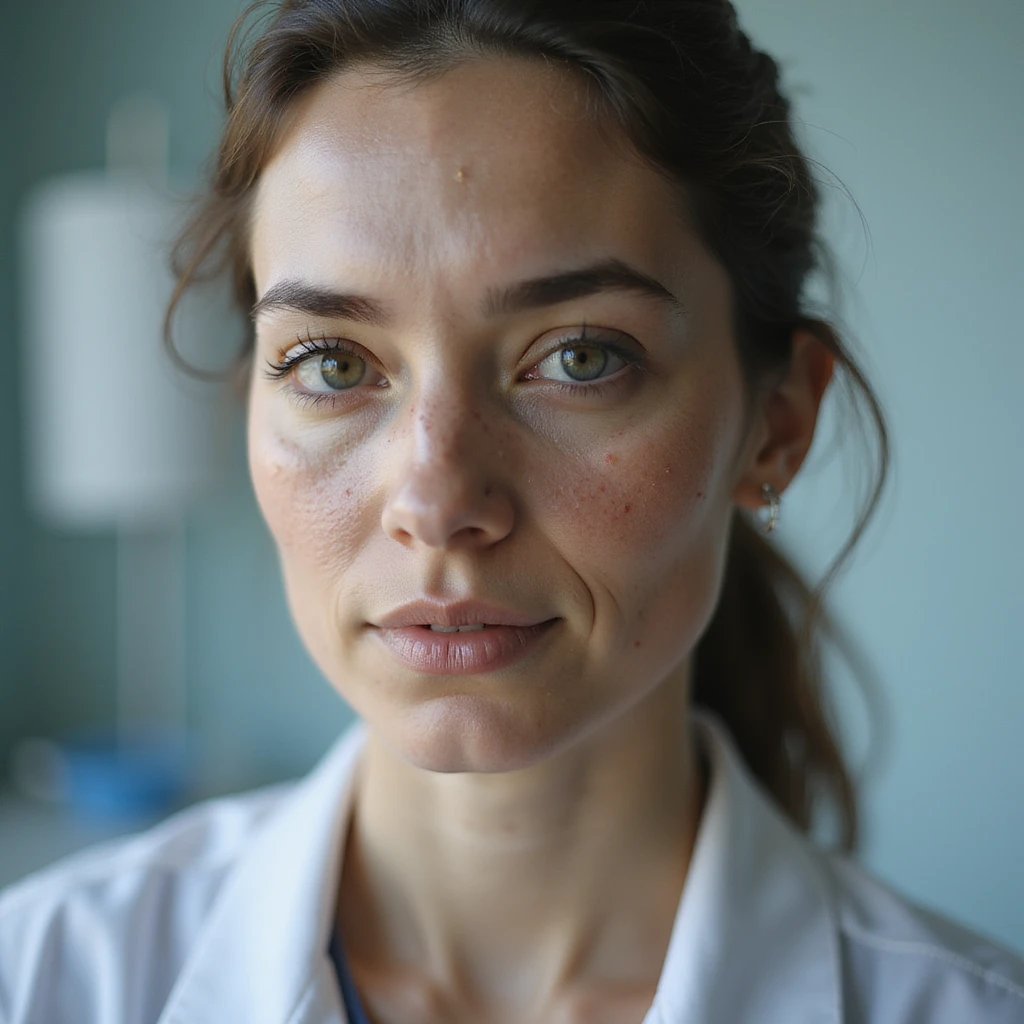 realistic woman with PCOS, realistic face and body with acne marks, chin hair, thin hair, slight overweight, hyperrealistic 4K details, medical environment emoji