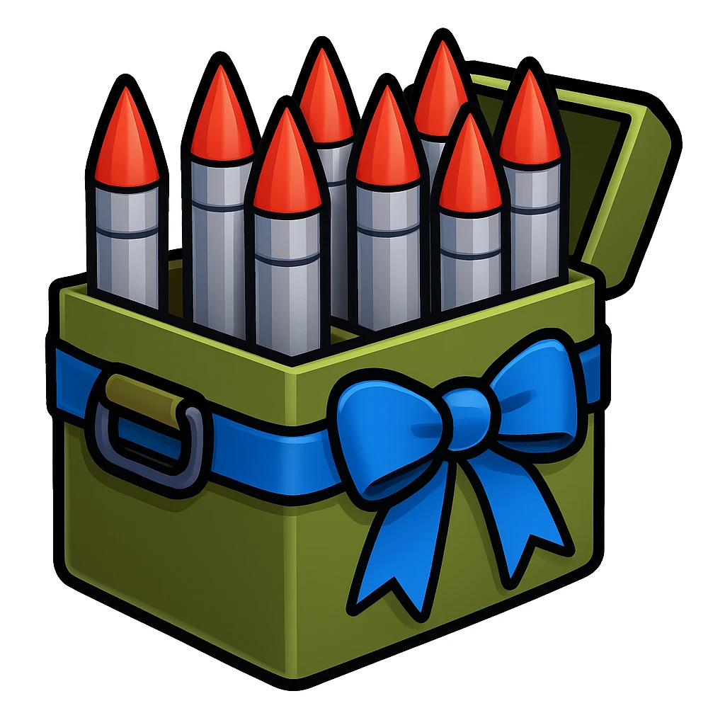 A big long military box filled with long war rockets with a blue ribbon, emoji style emoji