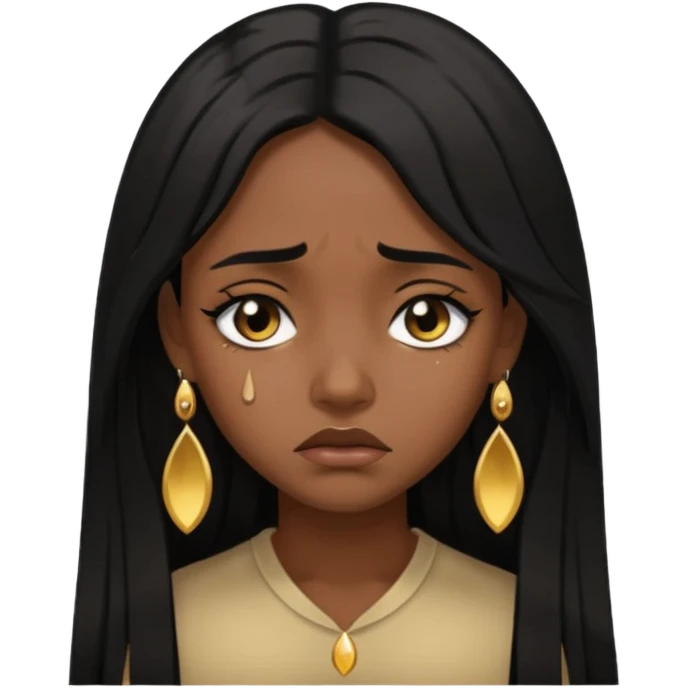 brown girl who has long layered black hair with gold stud earrings  who is sad (abit darker skin tone) emoji