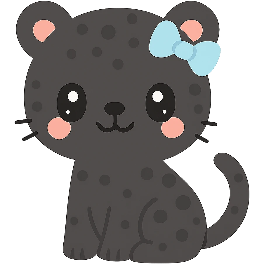 black panther with spots and a blue bow on its ear, kawaii style emoji