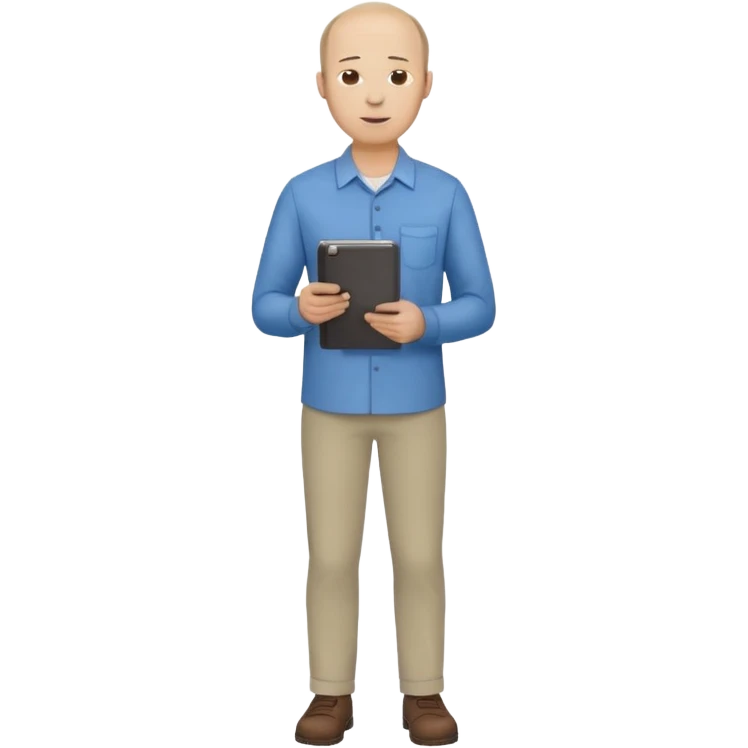 man, mid 30's shirt and trousers balding hairline, full body, standing, holding a clipboard emoji