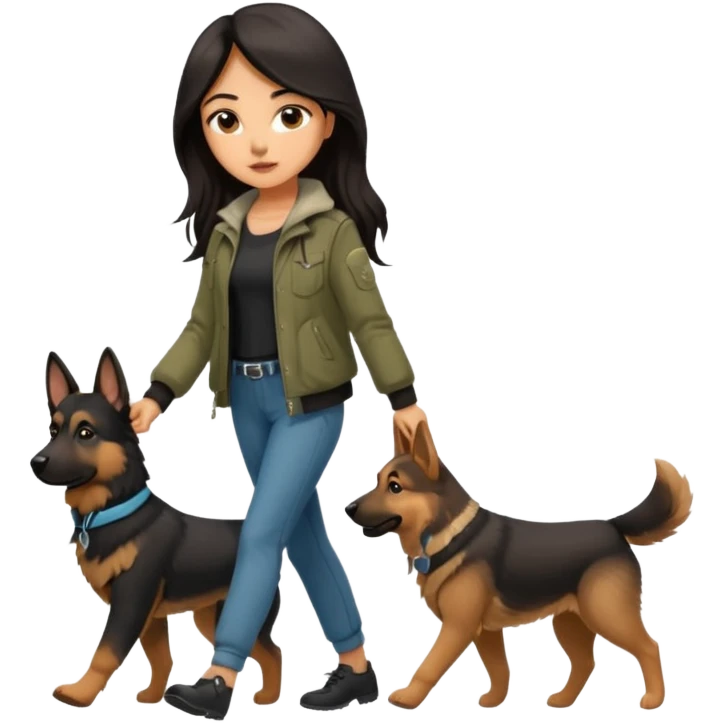 A girl with rather long brown-black hair is walking her German Shepherd. She's dressed very nicely in cute pants and a stylish jacket. emoji