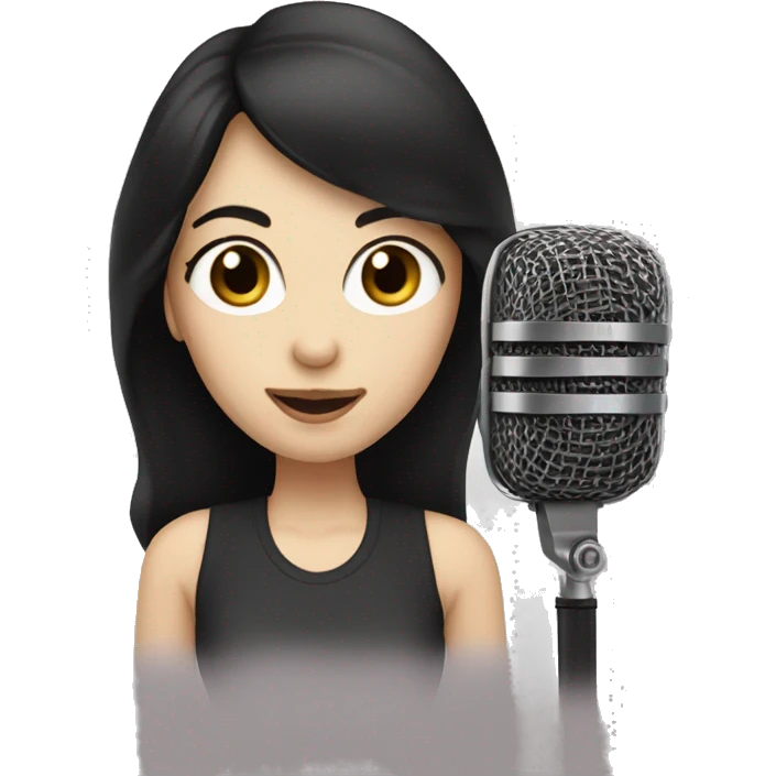 a woman with long black-brown hair, hazel eyes, pale skin, singing into a microphone emoji