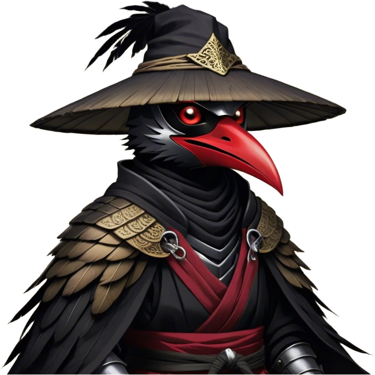A fierce Kenku samurai with sleek black feathers, piercing crimson eyes glowing under the shadow of his straw hat. His sharp beak is partially covered by a black cloth mask, adding to his air of mystery. He wears layered black and crimson armor, intricate silver engravings etched into the metal plates. A long, tattered cloak billows behind him, worn from countless battles. His clawed hands grip the hilt of a curved katana, its polished blade reflecting the moonlight. Wisps of mist swirl around his taloned feet as he stands motionless emoji