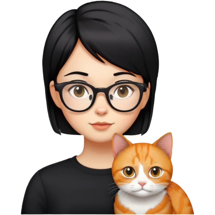 girl with glasses  black  straight Short hair and ginger cat. emoji