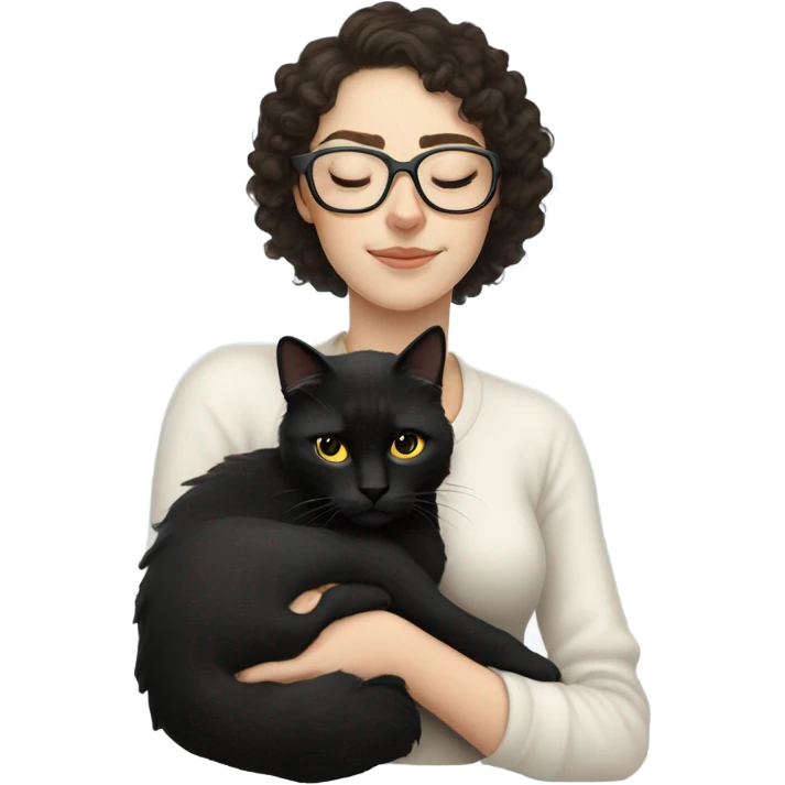 Pale white young woman with dark curly hair with glasses sleeping with black cat emoji