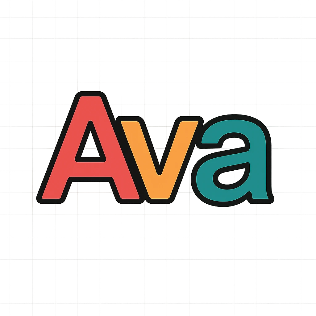 bold modern wordmark logo of the name Ava with clean lines and color outlines emoji