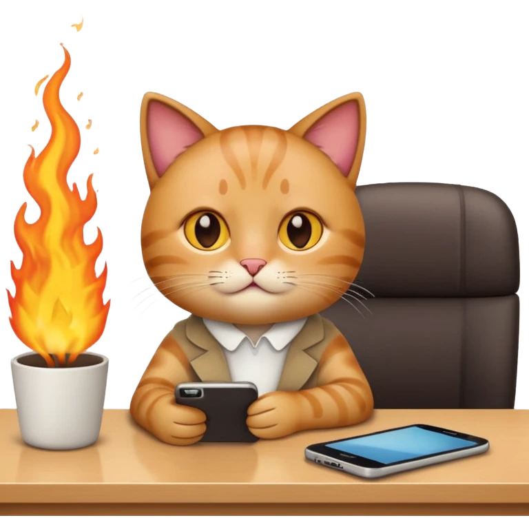 Apple-style emoji illustration of a cute cat character calmly sitting at an office desk, holding a smartphone and looking relaxed, while the office behind is subtly on fire. emoji