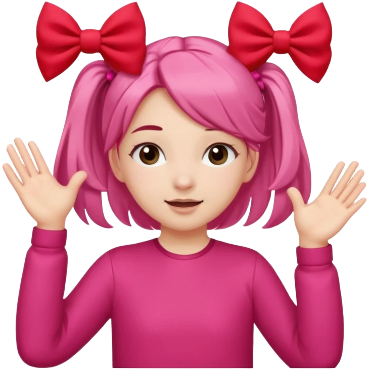👧🏼🙈🎀🚩: girl with 2 ponytails covering her eyes with both hands, with a cute little pink bow on the side of her hair and below her in the background, 2 big red flags.  emoji