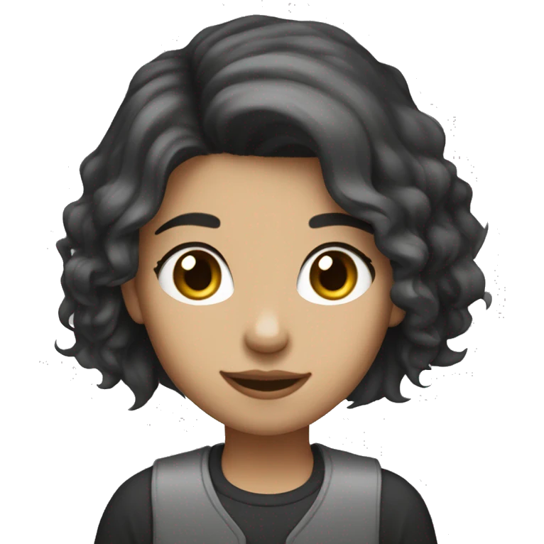 Girl with a wolf cut hair with a laptop smiling black hair white skin tone brown color of eyes tired look but smiling with just lips emoji
