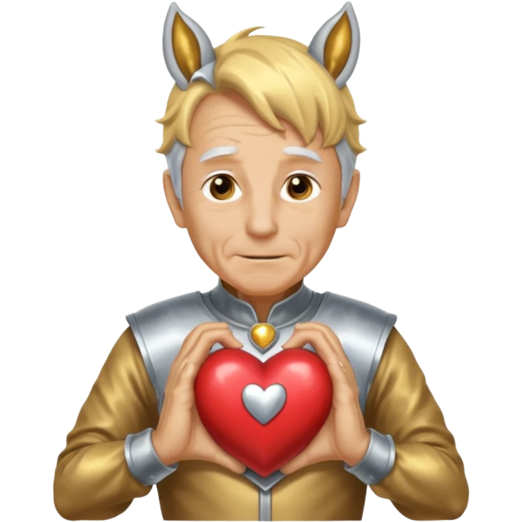 An elderly man with golden skin, his body shining like polished metal, wearing a horse cosplay costume with horse ears and a tail. He is making a heart shape with his hands and blushing slightly, showing a shy and embarrassed expression. emoji