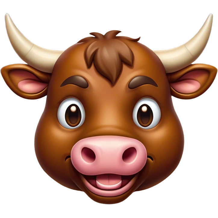 Cinematic Comical Brown Bull Portrait Emoji, Head tilted dramatically with an exaggeratedly amused expression, featuring a striking, glossy brown hide with a bold natural sheen, wide, expressive dark eyes filled with playful disbelief, Simplified yet hilariously expressive features, highly detailed, glowing with a slightly sassy glow, high shine, dramatic yet playful, stylized with an air of cheeky mischief, bright and endearing, soft glowing outline, capturing the essence of a spirited and over-the-top bull, so meme-worthy it feels like it could charge its way into internet fame instantly! emoji