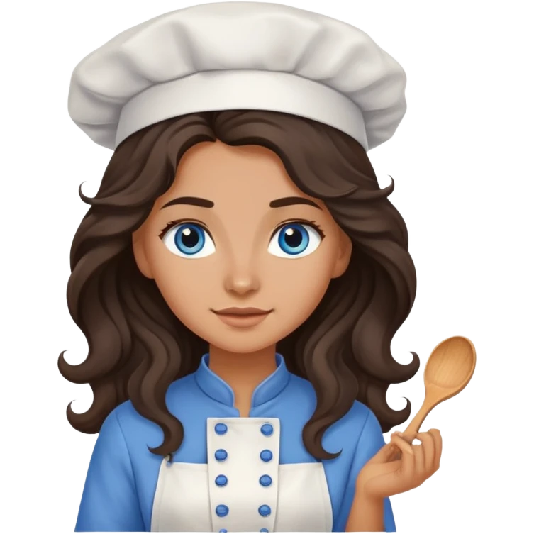 A girl with long, dark brown, wavy hair, grey-blue eyes. He cooks in the clothes of a cook emoji