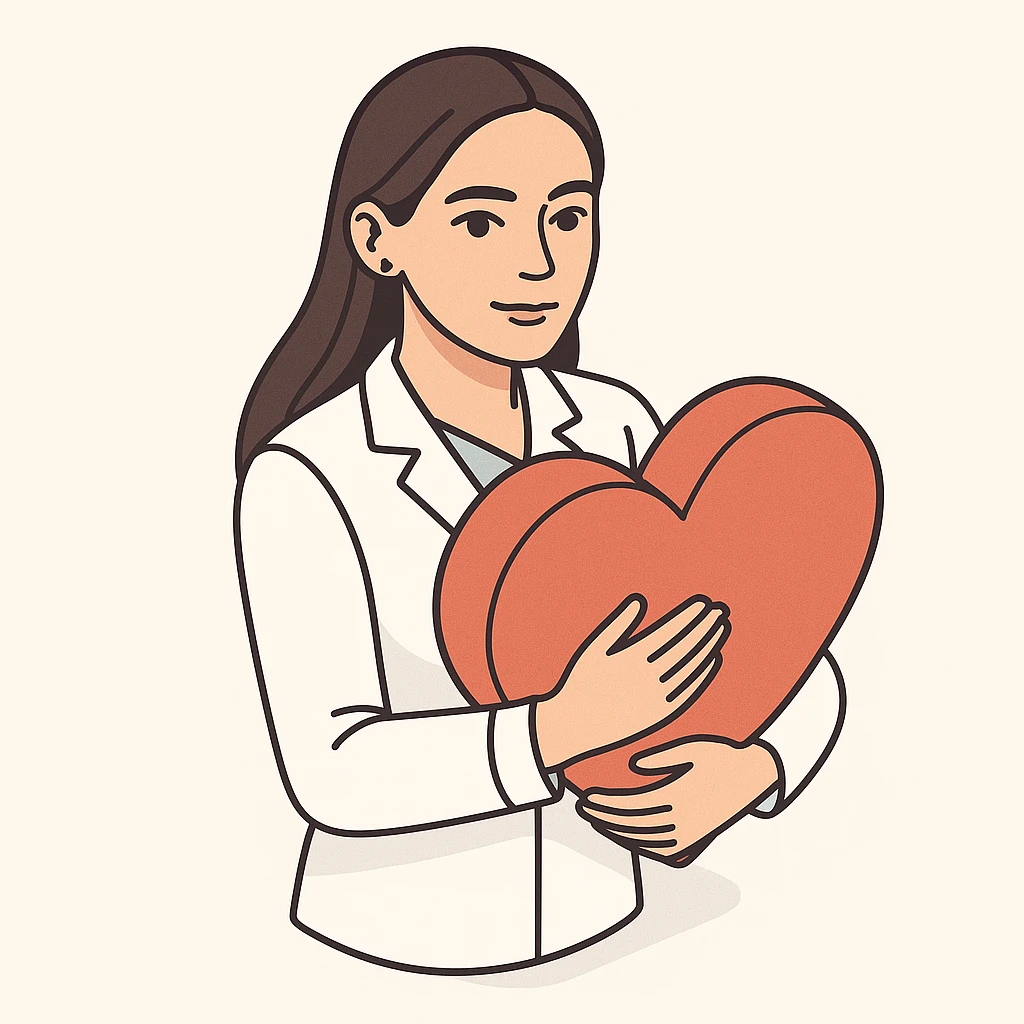 A girl doctor with dark long straight hair, detailed brown eyes (not just dots), wearing a white coat, holding or hugging a large heart with both hands, looking straight at the camera, minimalist background, in 2D isometric style. Appearance matches the reference image. emoji