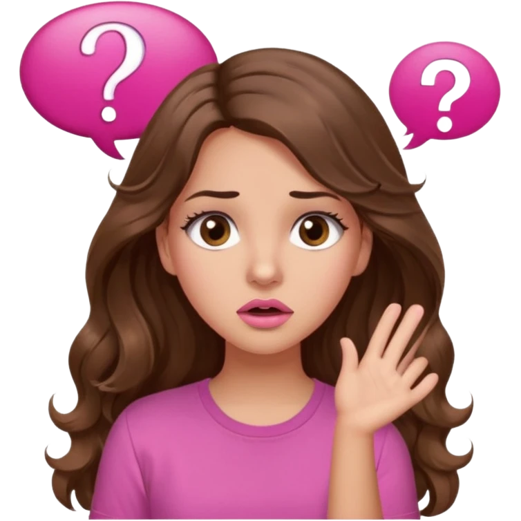 girl with long wavy brown hair, brown eyes, light to medium complexion, in a pink shirt, pink lips, long lashes, confused, question mark speech bubble emoji