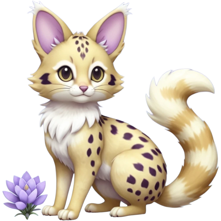 Hyper realistic  frost-lavender fur kissed with pale moon-silver dewshine beautiful elegant pretty precious cute  Fakémon-Pokémon-opossum-serval-caracal-Ocelot-Minccino-hybrid-creature with a big fluffy bushy tail (full body) emoji