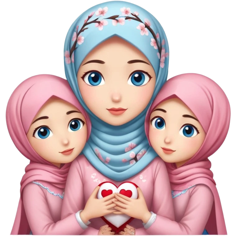 Four sister hugs Turkish girls beautiful finish Konya blue eyes with cherry blossom hijab and heart dress and hugs  emoji