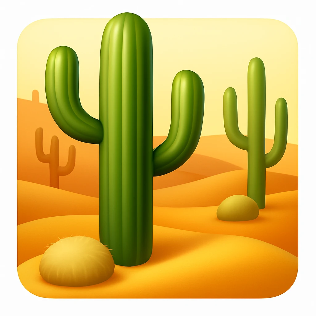 Create a desert emoji exactly like the reference image in iOS emoji style. Include the same cacti, sand, and colors with a smooth and shiny appearance. emoji