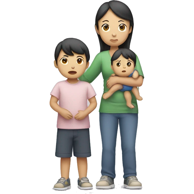 asian sad mum holding two kids, full body standing emoji