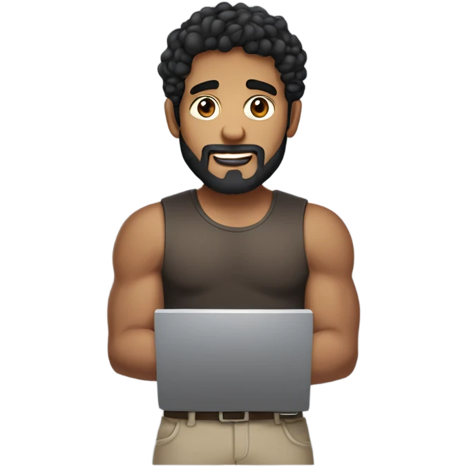 men holding his computer in hands. light brown skin men with curly black hair, dark brown eyes, little grown beard. little bit muscular. dressed casual. round face. emoji