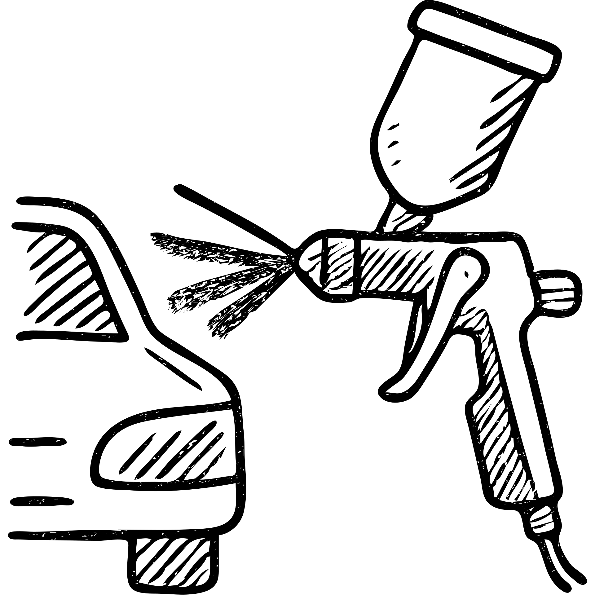 hand-drawn outlined icon of a paint spray gun pointing at a car section, light layer of glossy black paint spraying out, silver details, clean lines, no excess paint, clean and modern emoji