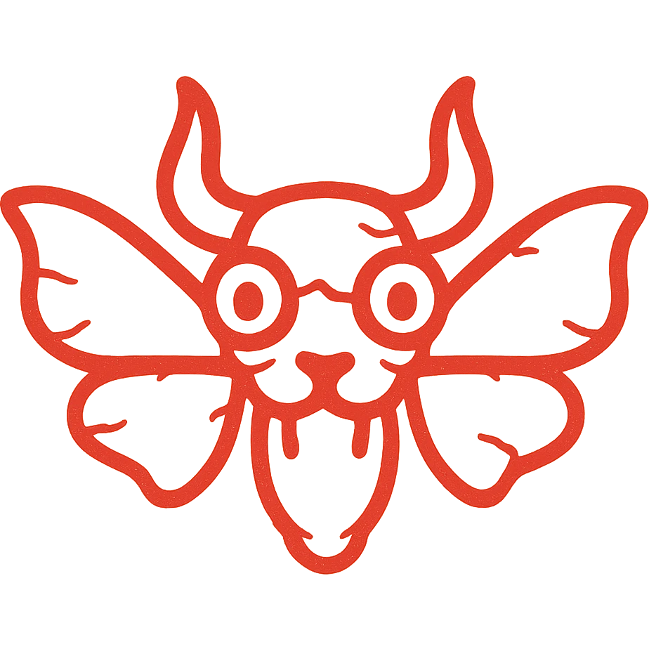 a minimalist red line art icon showing only a horrifying head (no body) that fuses minotaur skull with horns, stoat facial elements, and frog eyes/mouth, with moth wings growing directly from the head/skull, transparent hollow middle, deliberately weathered with smudged edges, torn lines, and missing sections emoji