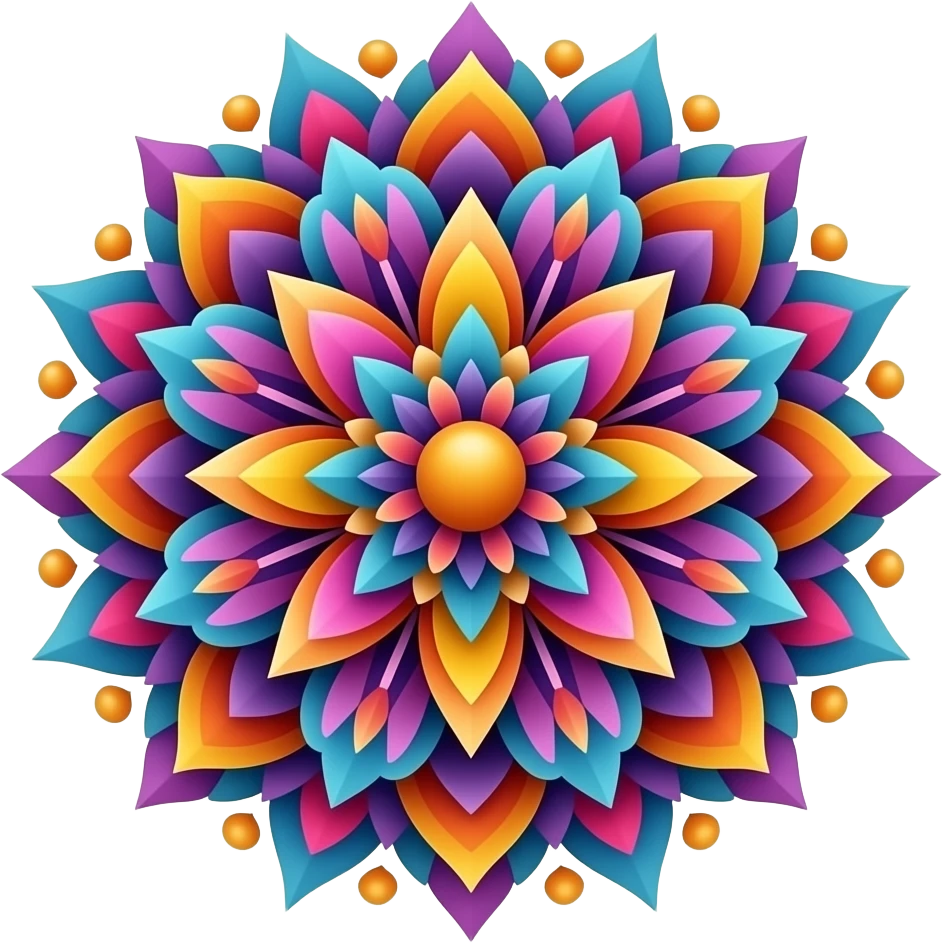 A vibrant mandala with bold colors, floral elements, and dynamic movement, ideal for social media and branding purposes, isolated, no emoji faces, no emoji icons, no human figures  emoji