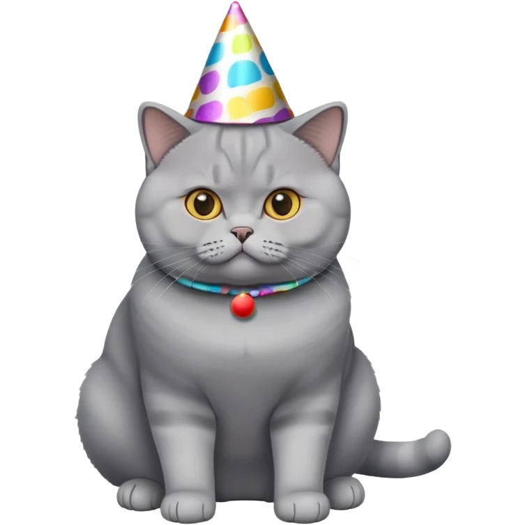 British Shorthair cat full body sitting with a party hat emoji