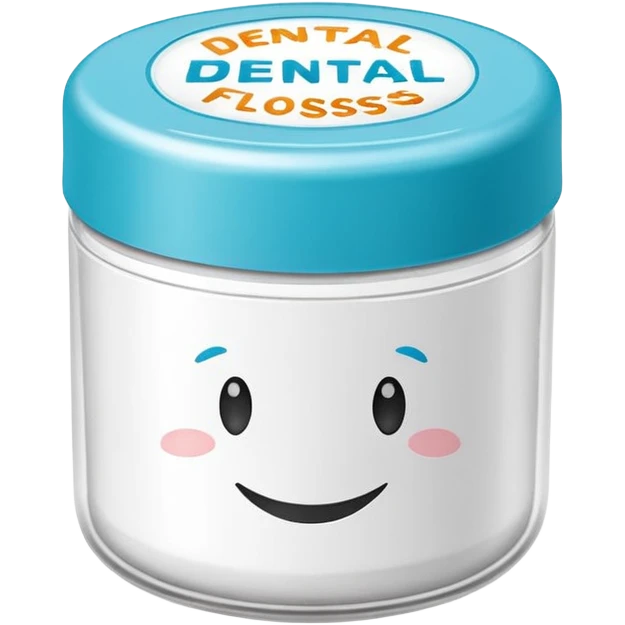 A small round plastic container with the phrase  "dental floss" on it emoji